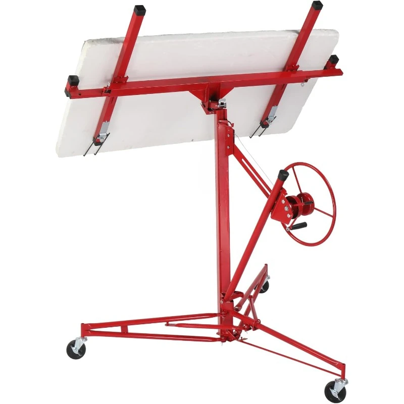 16ft Drywall Lift, Steel Construction, 150lbs Capacity, Easy Assembly, Hoist with Tilting Action, Caster Wheels, Red