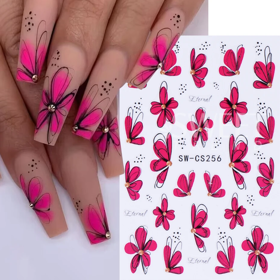 8 stks Bloemen Nail Art Stickers 3D Rood Blauw Sakura Hibiscus Bloemen Bloemblaadje Nail Decals DIY Lente Zomer Slider Manicure Decoratie