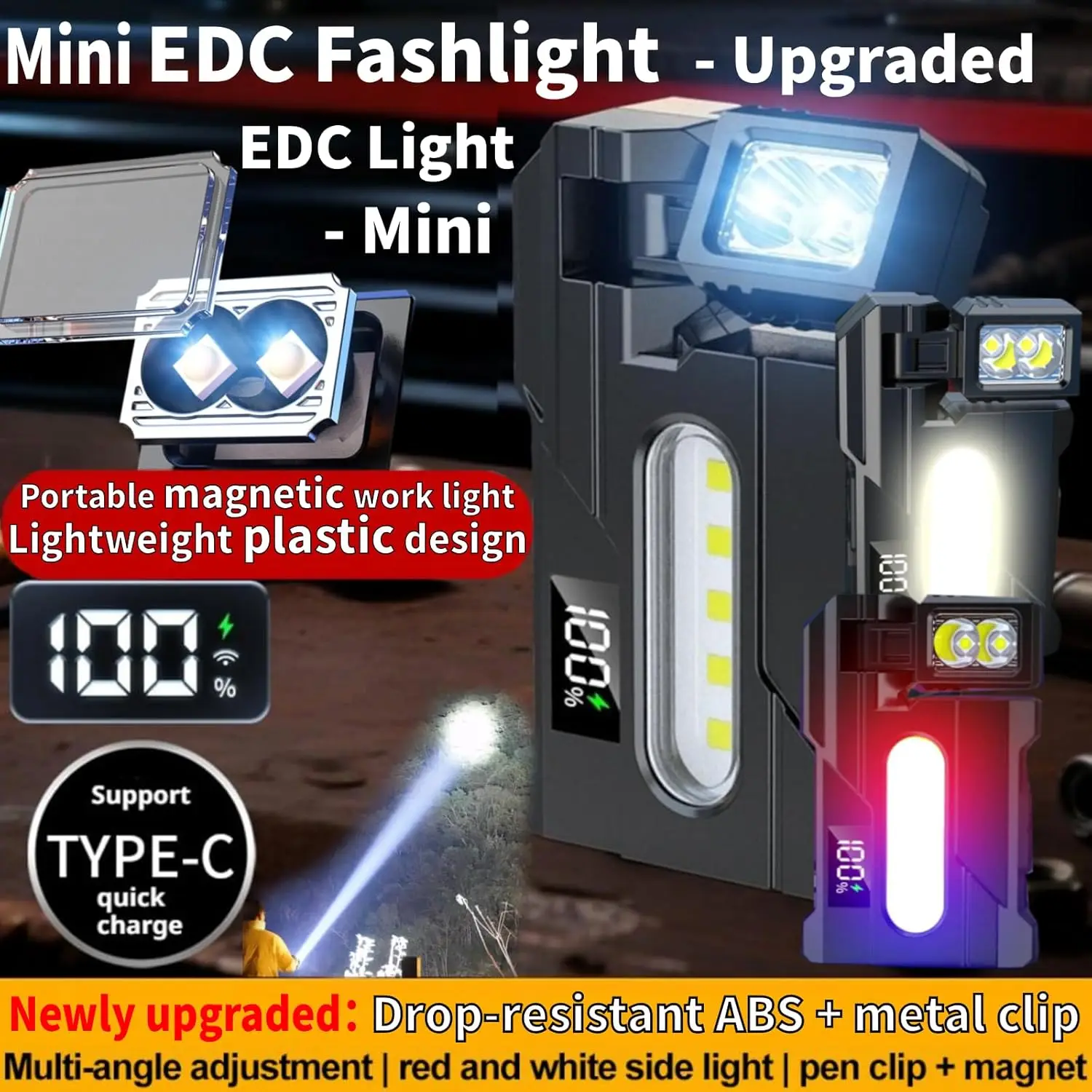 Mini EDC Flashlight 1200 Lumens, Super Bright 3 Modes Mini EDC Pocket-sized Flat Flashlights Rechargeable,Portable ABS Small LED Dual Light w Clip,IP68 Rotatable Magnetic Torches for Camping Emergency image 2