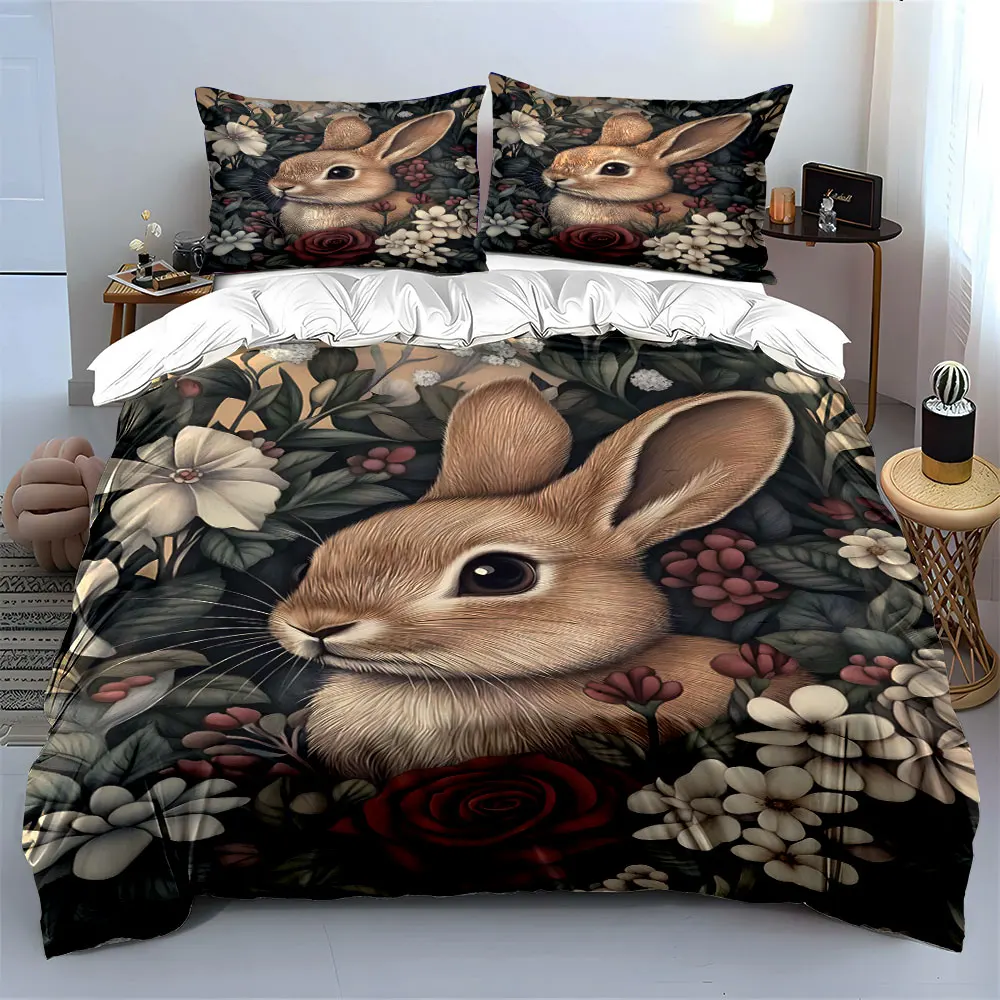 Retro-Bettwäsche-Set mit sanftem Hasenmotiv in blühenden Blumen, 3D-Druck-Design, weiches Polyester-Bettwäsche-Set, ganzjähriger Komfort.