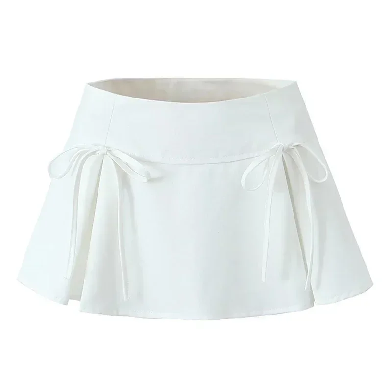 Preppy Style Mini Skirt with Bow Women Kawaii Low Waist Pleated Short Skirt Female Summer A Line Y2K 90s Cute Outfit Faldas New