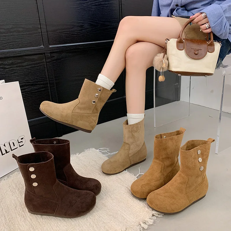 

Women's Matte Snow Boots2025New Autumn Metal Buckle Decor Versatile Height-Increasing Slim Short Boots