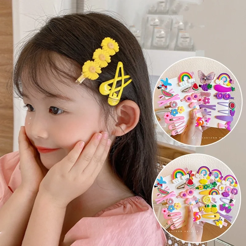 14Pcs/set Children's Hairpin Cute Bb Clip Girls Broken Hair Bangs Side Rainbow Girls Headgear Gift Cartoon Flowers