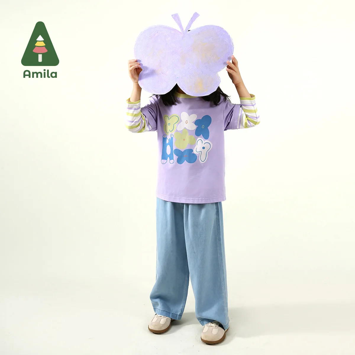 Amila Baby T-Shirt 2025 Spring New Solid Color Cotton Splicing Cartoon Pattern Stripes Breathable Soft Casual Children's Top