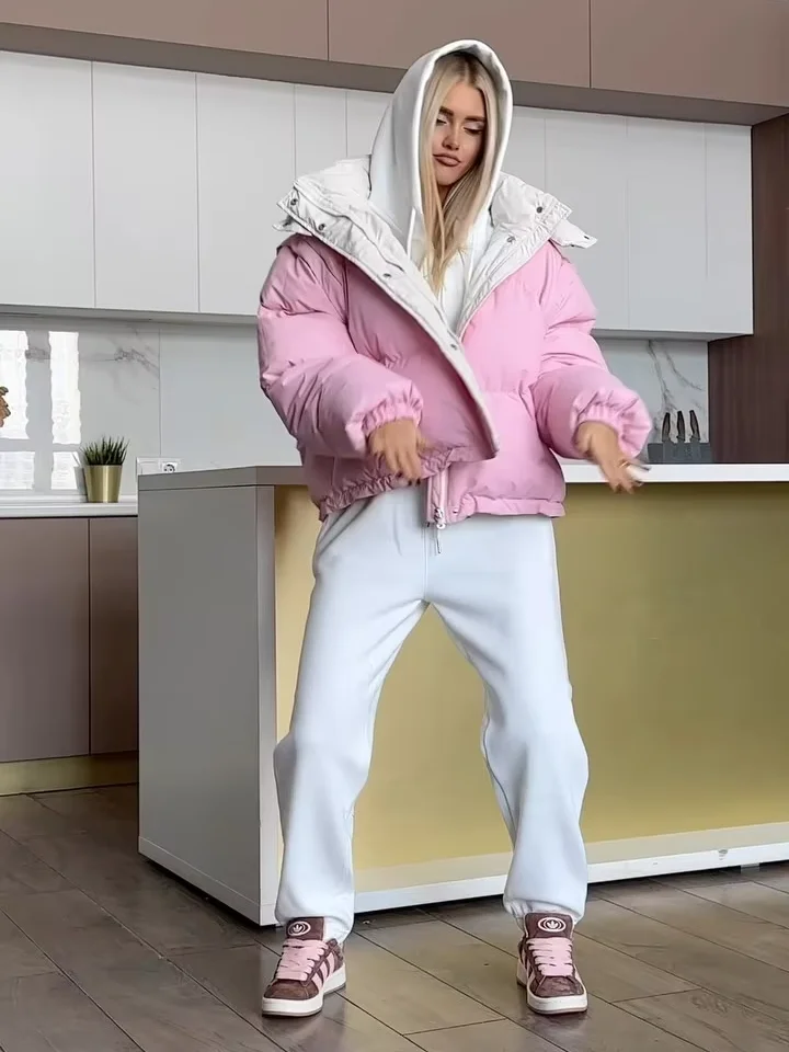 

Sweet Pink Hooded Cotton Jacket Women Fashion Long Sleeved Loose Collar Warm Short Jackets Lady 2025 Casual Commute Streetwear