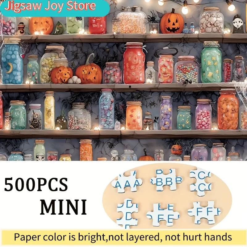 500 elementów puzzli dla dorosłych z motywem ciepłego, halloweenowego słoika, idealne do gier i zajęć na imprezy. To przytulne mieszanie