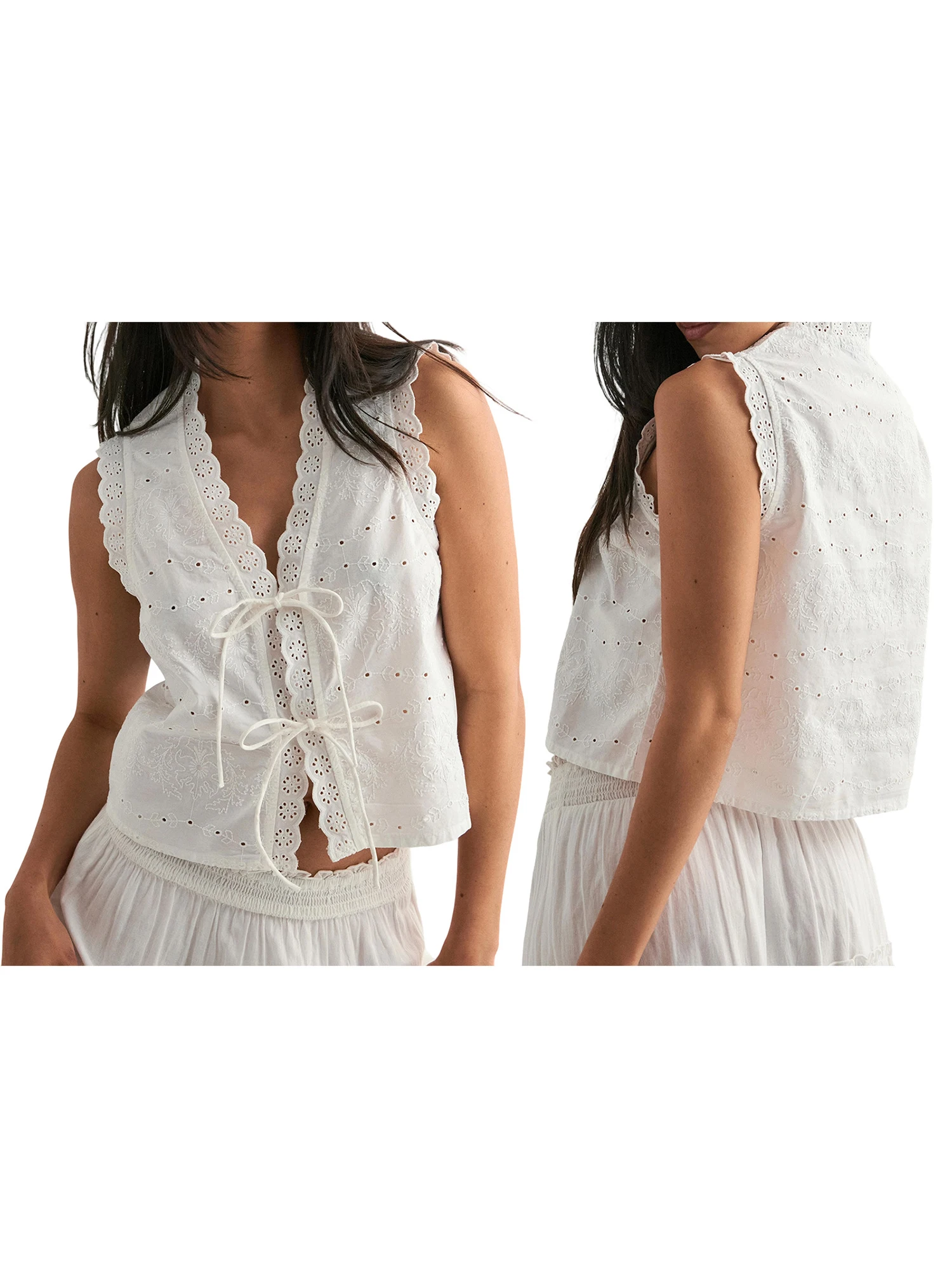 

Sleeveless V-Neck Eyelet Embroidery Vest Women s Tank Tops Casual Summer Shirts with Bow Tie Front Detail