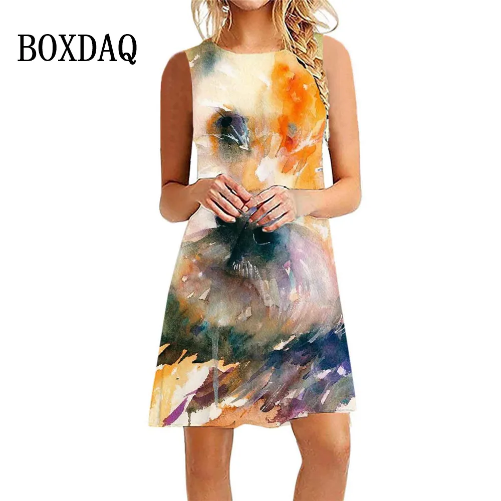 Tie Dye Abstract Oil Painting Dresses For Women 2024 Summer Beach Dress Casual Vintage Sleeveless Loose A-Line Dress Plus Size