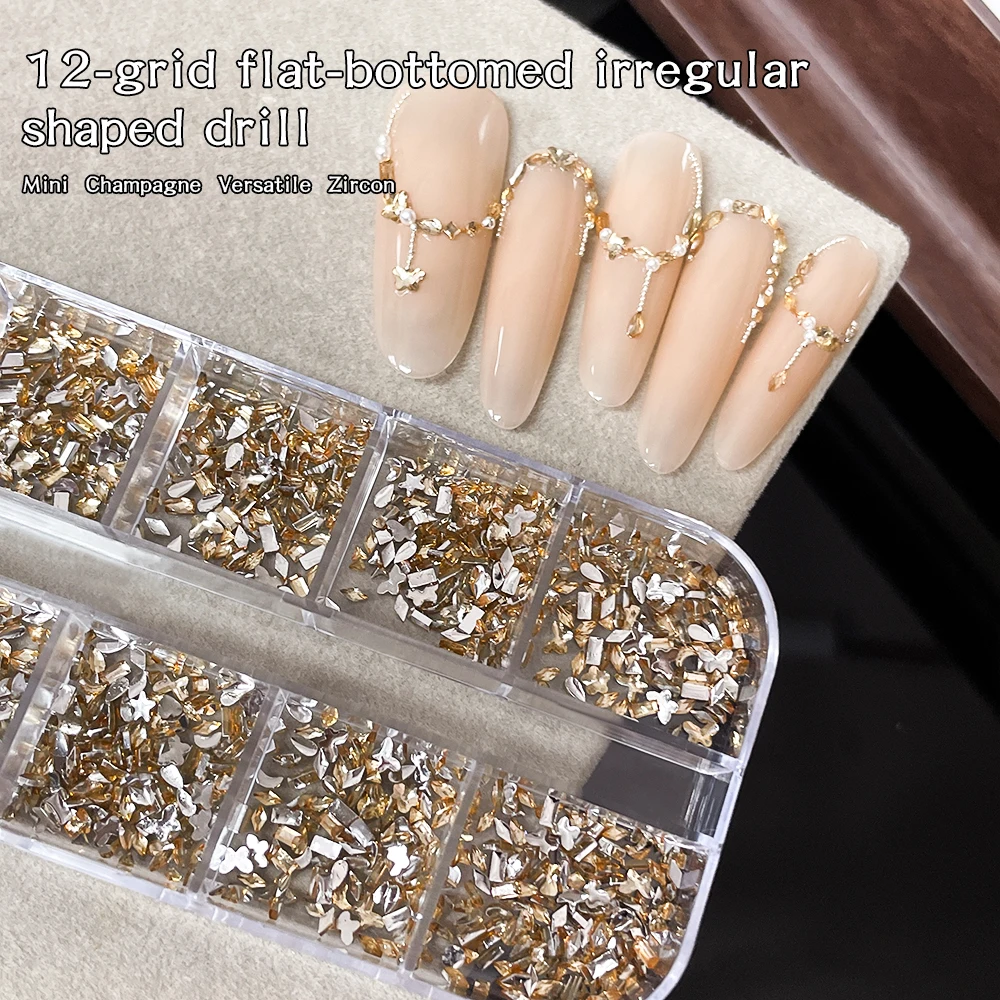 12 Gitter, mehrfach geformte Strasssteine mit flacher Rückseite, 3D-klarer Diamant, Ab-Farbe, Kristall, rundes Herz, quadratisch, für Nagelkunst, DIY-Nageldekoration