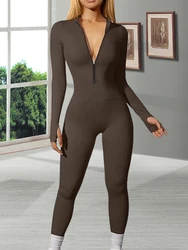 Woman Fall Tight Long Sleeved Zipped Slim-fitting Long Romper Female High Waist Solid Color Ribbed Sports Sexy Hot Girl Jumpsuit