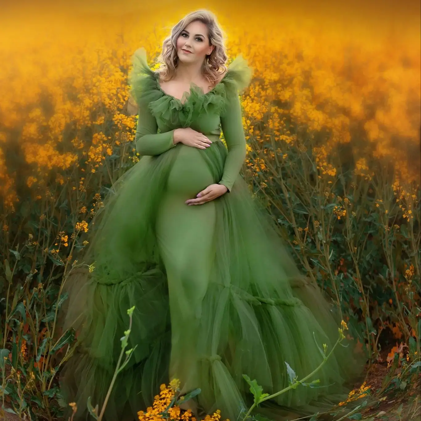 Ruffles Green Maternity Dresses for Photography A Line Full Sleeves Long Vestidos De Noche Pregnant Dress for Babyshower