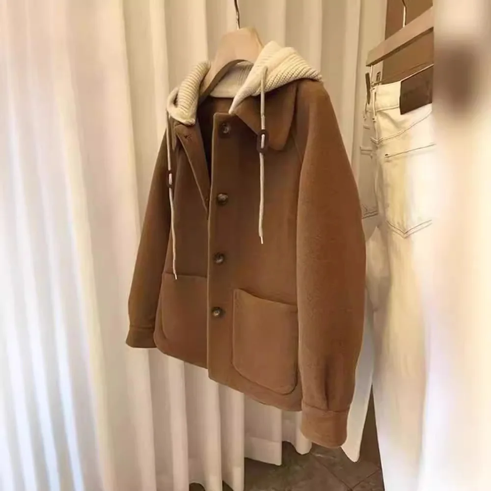 

Женское вязаное шерстяное пальто, винтажная свободная шапка, толстая осенне-зимняя верхняя одежда в корейском стиле, модное повседневное пальто