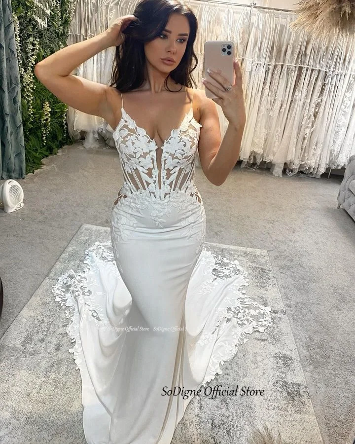 SoDigne Mermaid Elegant Wedding Dresses V-neck Spaghetti Straps Bridal Gown Appliques Satin Beach Bridal Dress vestidos de novia