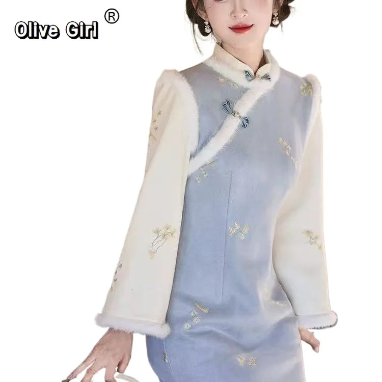 

Толстое осенне-зимнее платье Ципао с добавлением бархата, традиционная китайская одежда, большое платье из двух частей с цветочным принтом в молодом стиле