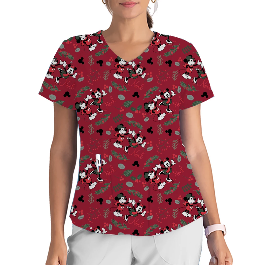 Disney Weihnachten Mickey Minnie Neue V-ausschnitt Print Peeling Top Neue Jahr Geschenk frauen Einfache Atmosphäre Arbeit Uniform Dental T-shirt