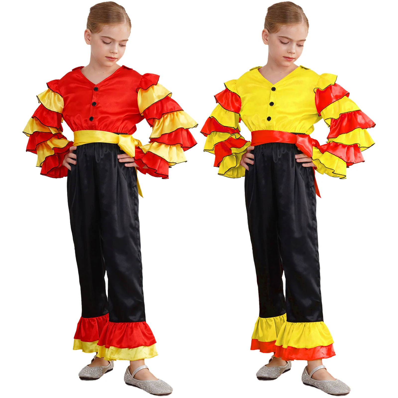Kids Boys Girls Tiered Ruffle Jazz Dance Bodysuit High Waist Flared Jumpsuit Retro Ballroom Dance Wear Stage Performance Costume - Image 3