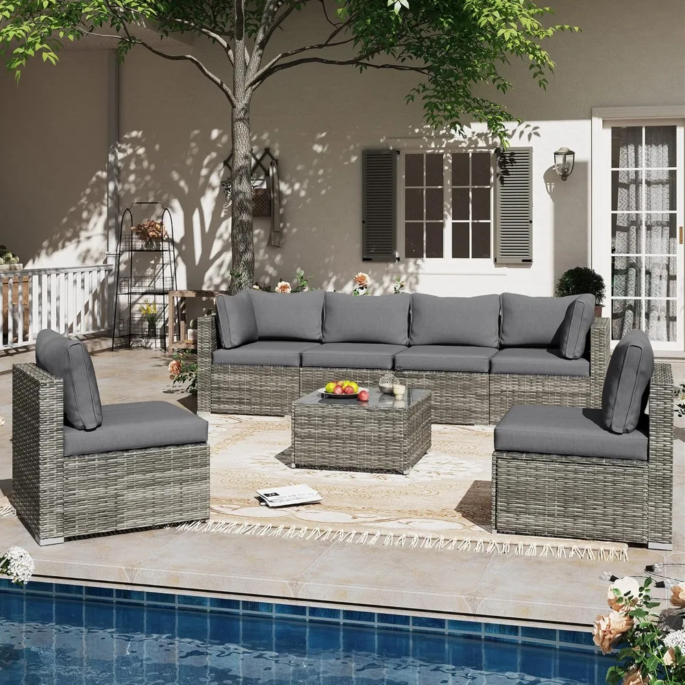 

LAUSAINT HOME Outdoor Patio Furniture, 7 Pieces Outdoor Sectional PE Rattan Wicker Patio Furniture Sets