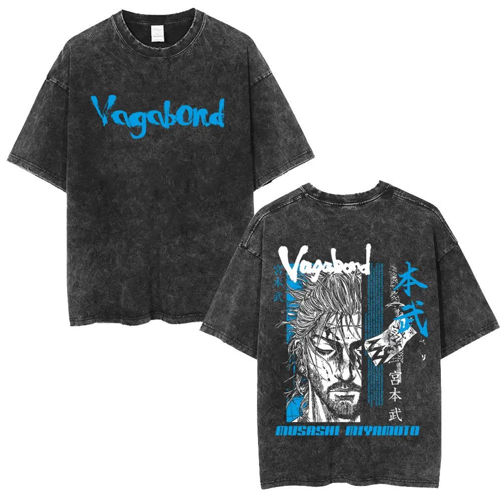 Anime Vagabond Miyamoto Musashi Washed Vintage T Shirt Men's Women Manga Casual Oversized T-shirts Male Fashion Retro Streetwear