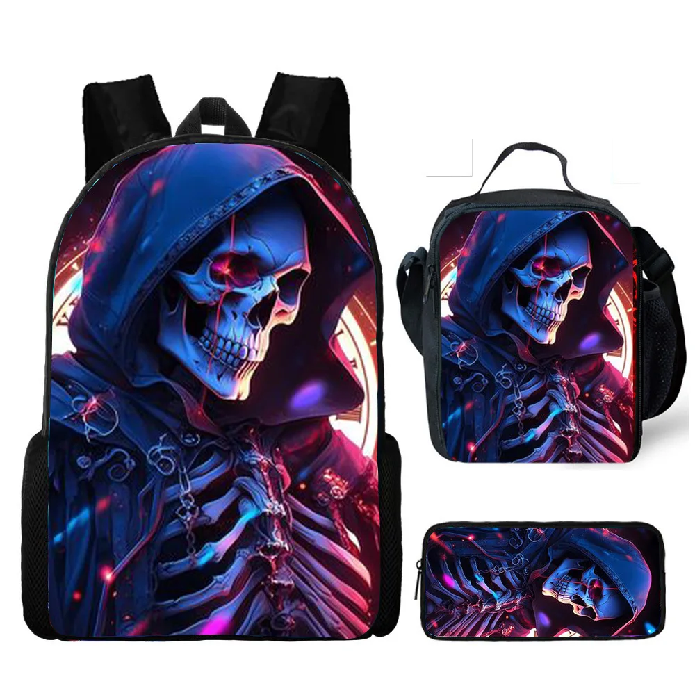 Hot selling skull backpack three piece set printed primary and secondary school backpack meal bag pencil case