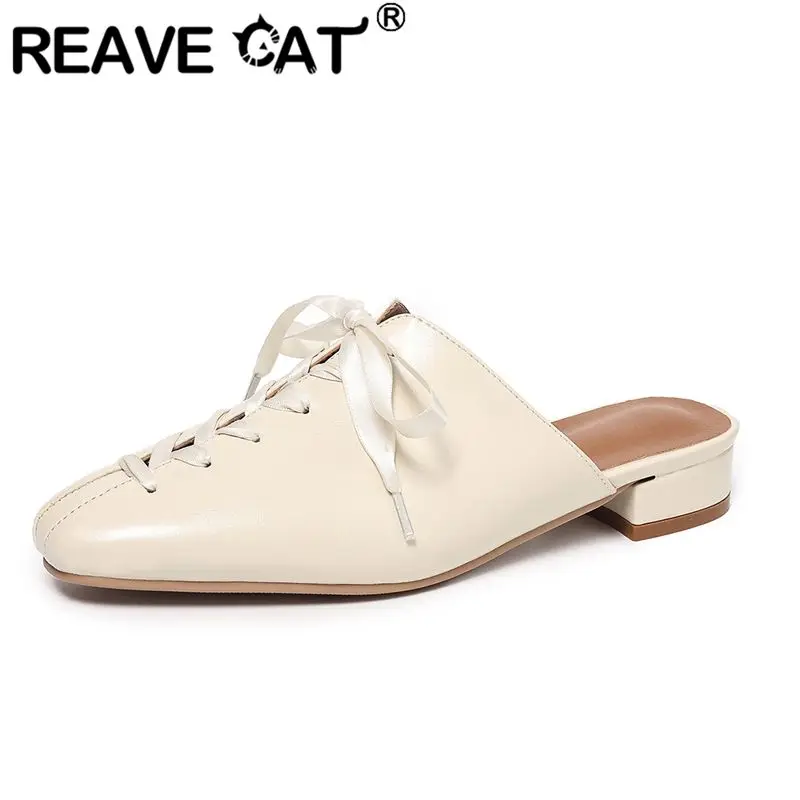 

REAVE CAT Beige Women Flats Round Toe Slip On Mules Butterfly Knot Large Size 44 45 Leisure Daily Outdoor Female Shoes Footwear