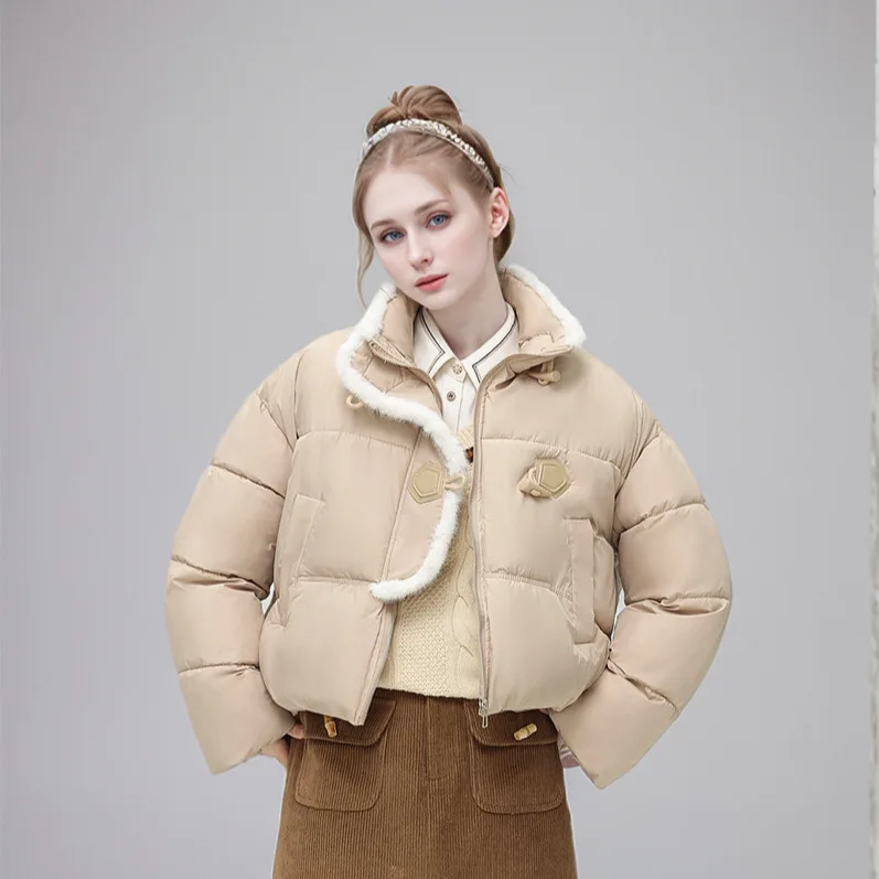 Winter Female's Parka Jacket Solid Horn Toggle Buttons Fleece-lined Stand Collar Women's Coat Minimalsit Padded Coat For Lady