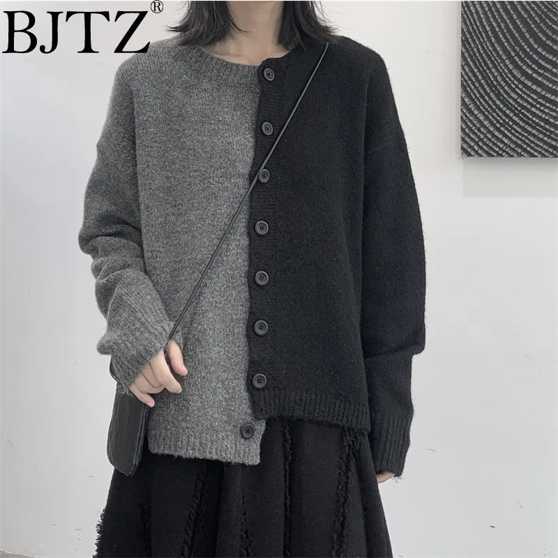 

BJTZ A Niche Two-color Asymmetrical Sweater Design Contrasting Color Round Neck Knit Cardigan For Women Autumn Winter