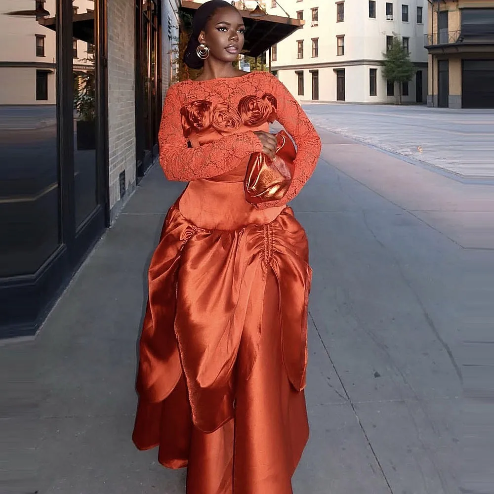 Drawstring Aso Ebi Evening Dresses Hnadmade Flowers Long Sleeves Lace Plus Size Prom Dress Formal Party Gowns