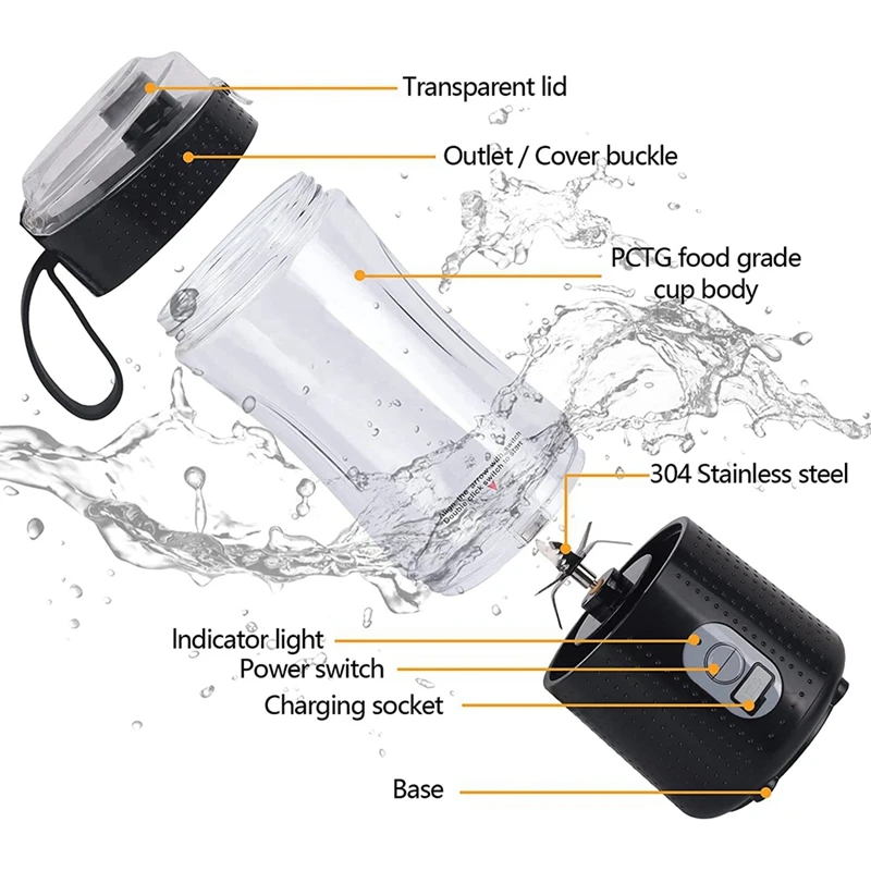 6 블레이드 휴대용 믹서기, 스무디, 쉐이크, 주스용 개인 미니 믹서기, USB 충전식 믹서기