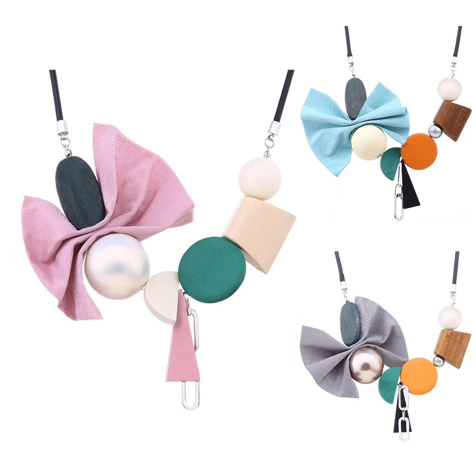 Wax rope fabric sweet wind necklace women's geometric acrylic wood bead necklace temperament elegant cross-border popular jewelr
