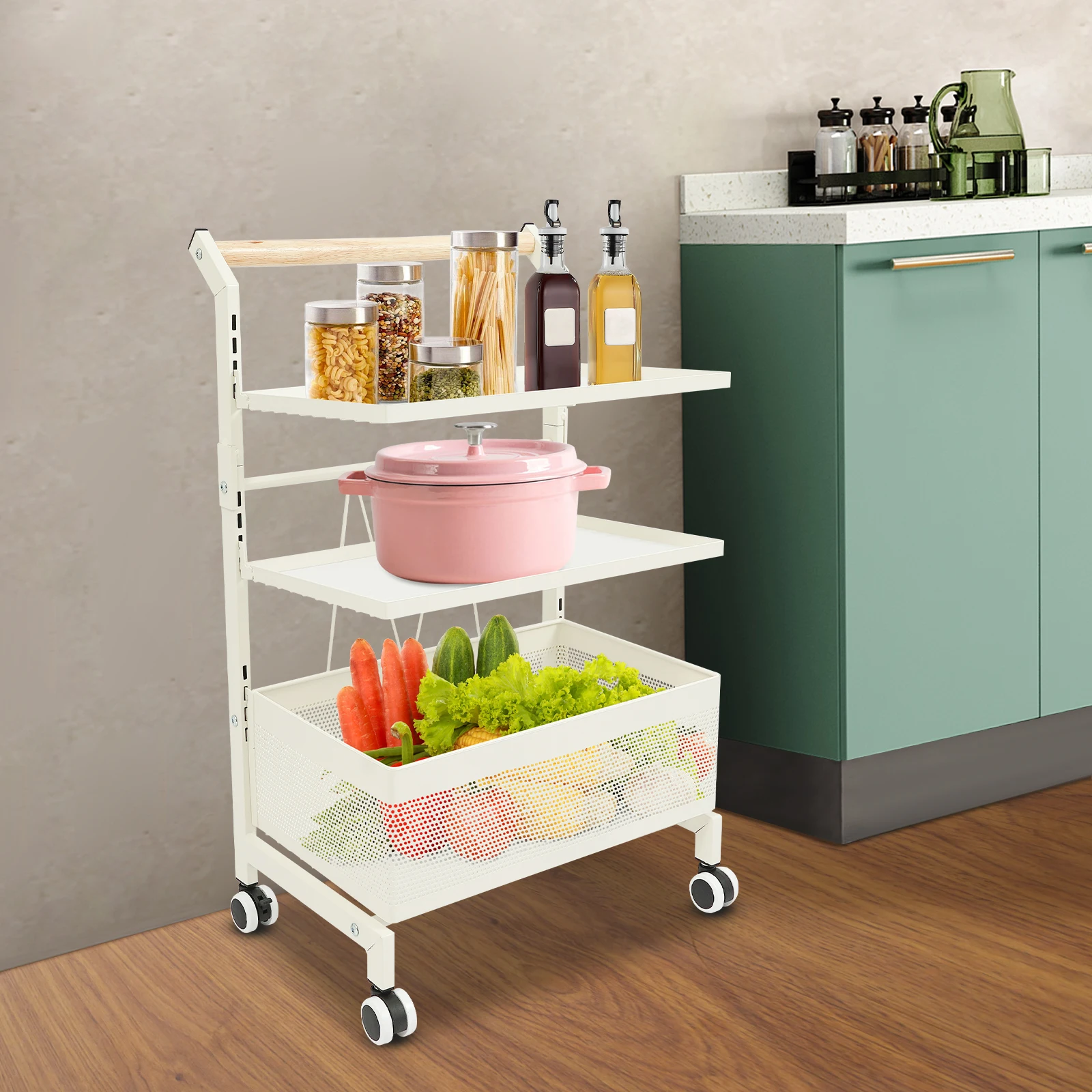 Lagerregalwagen Weiß/Schwarz Rostbeständiger Lebensmittelwagen mit Rädern für Küche/Wohnzimmer/Schlafzimmer/Schlafsaal/Badezimmer – Detail 6