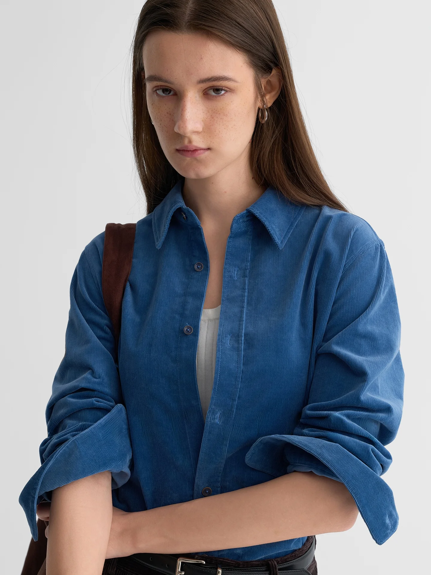

First Black Brisbane Moss Blue Corduroy Slimming Shirt Casual Loose Fit Long Sleeve Cotton Polyester Blend Women's Shirt