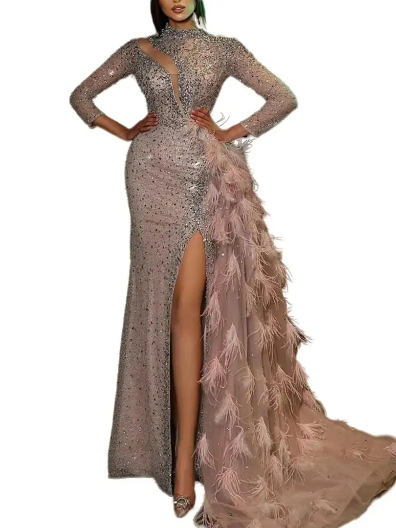 Luxury Feathered Long Sleeve Prom Dress With High Side Slit Beads Evening Dresses Sexy Cocktail Party Gown For Women 2024