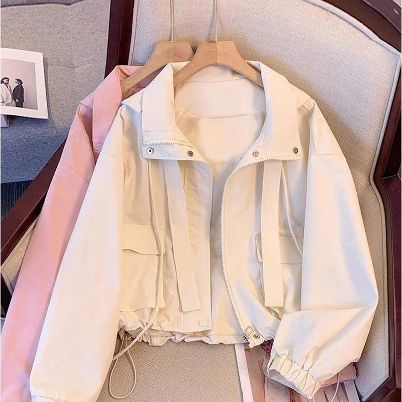 

GIDYQ Cropped Hooded Jacket Women Korean Loose Casual Sports Coat Solid Spring Sweet Preppy Style Cargo Outwear Apricot Pink New