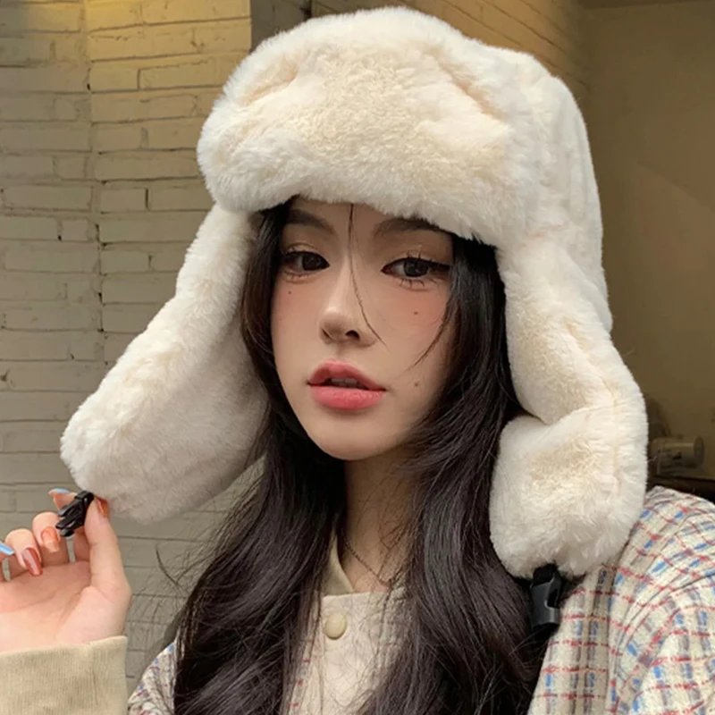 

Women's Winter Thickened Warm Beanie Russian Caps Korean Fashion Ushanka Earflap Pilot Hat Women's Trend Bomber Hat Adjustable