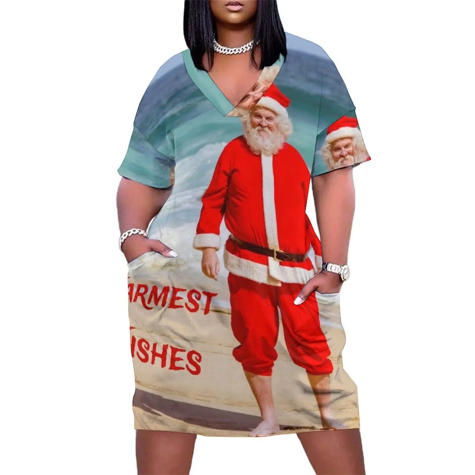 

Santa Clause on Beach Warmest Wishes Funny Humor Loose Pocket Dress evening dress long sleeve dress