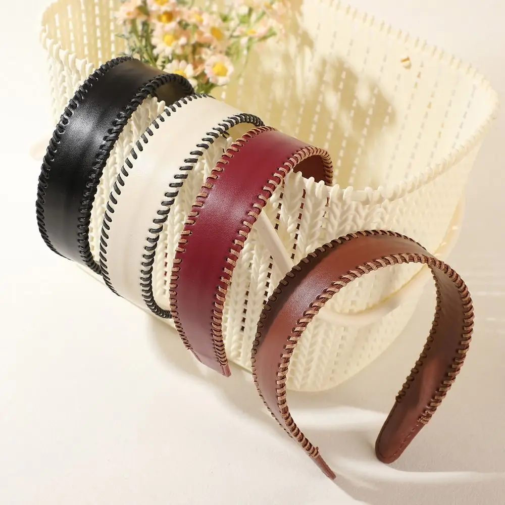 

Vintage Solid Color Leather Headband Korean Style Non-Slip Women Hair Hoop Coffee Headwear Wide Edge Hairband Daily