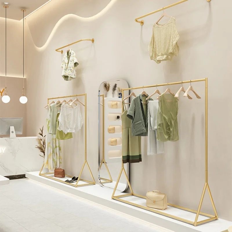 Custom, Fashion Boutique Gold Garment Wall Mounted Hanging Shelves Clothes Shop Furniture Metal Clothing Display Racks Shelf