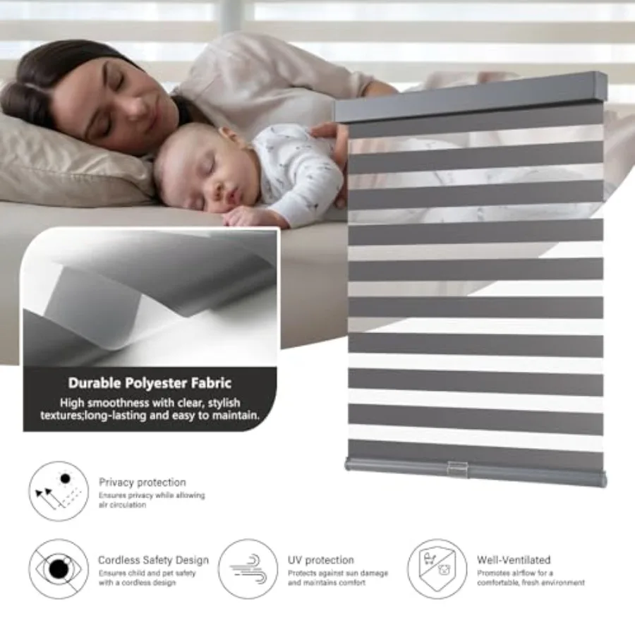 Persianas de cebra inalámbricas para ventanas, cortinas de ventana con rodillo extraíble, filtrado de luz de doble capa, privacidad para día y noche, parada libre