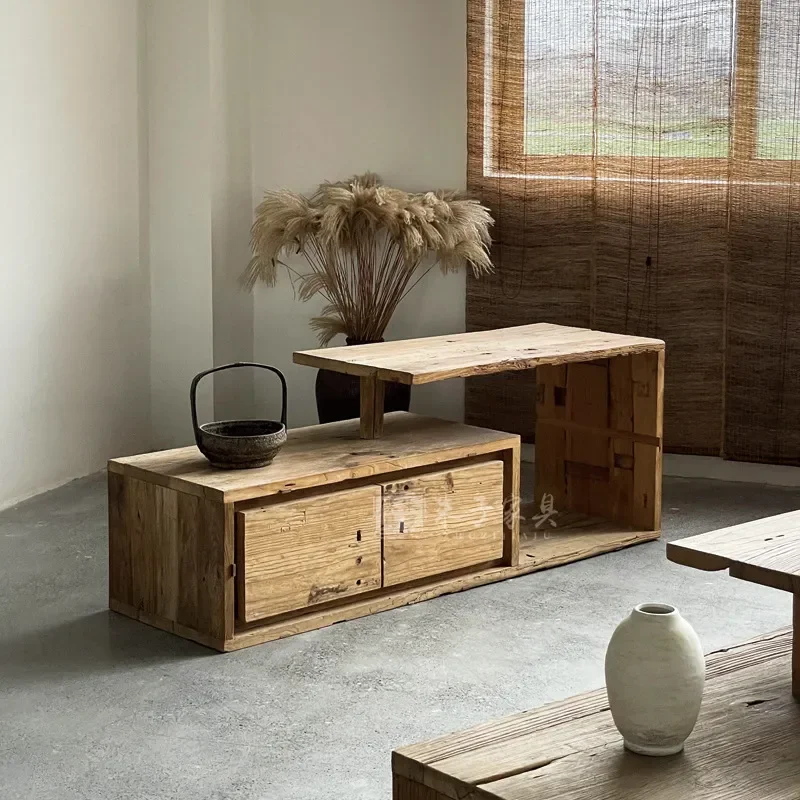 For Old Elm TV Cabinet Customized Solid Wood High Low Table Floor Cabinet with Drawer Household Furniture