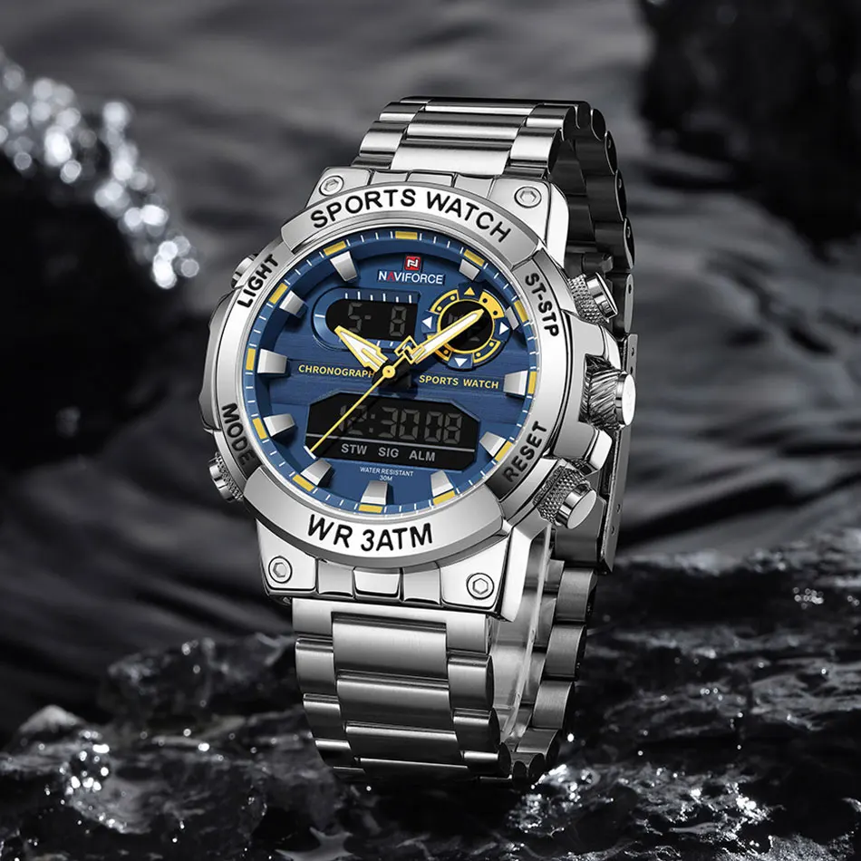 NAVIFORCE الرجال المزدوج عرض ساعة رياضية مقاوم للماء ساعة كرونوغراف الذكور الجيش العسكرية ساعة رقمية للرجال Relogios Masculino