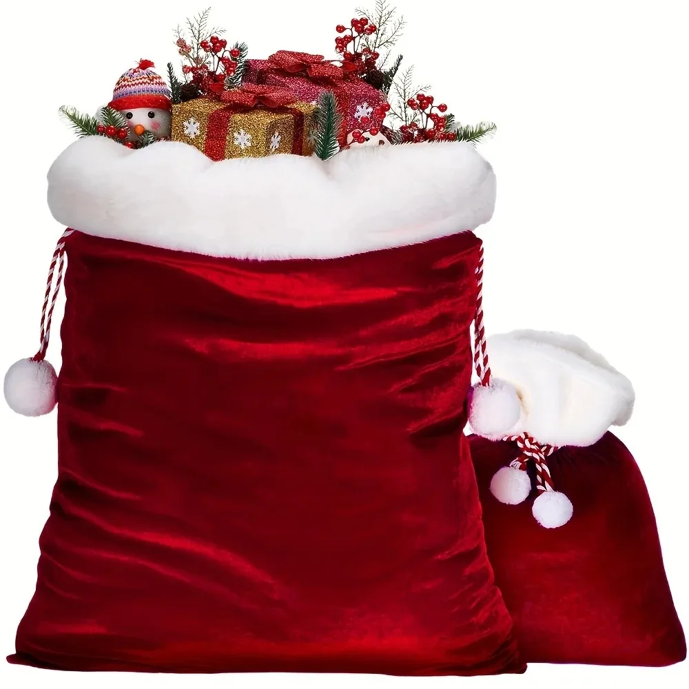 Bolsa de regalo de Papá Noel de terciopelo con cordón, roja con ribete blanco y detalles dorados, perfecta para recuerdos de fiesta navideña, 1 ud.