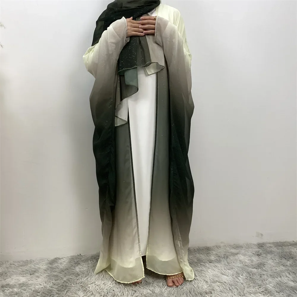 

Elegant Abaya Dubai Luxury Shiny Gradient Color Muslim Dresses with Scarf Chiffon Modest Robe Khimar Set Islamic Kebaya Caftan