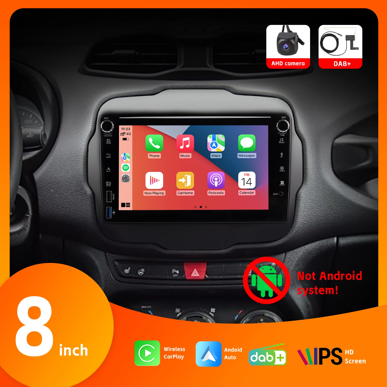 

8" IPS Touch Screen Car Radio with DAB+ BT Wireless Carplay AHD Rear View Camera AndroidAuto SWC DSP for Jeep Renegade 2014-2020