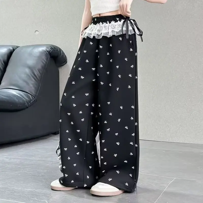 Girls' Trousers Pants 2026 Spring and Summer Four Seasons Can Wear Bow Knitted Pants Wide Leg Pants New Children's Korea