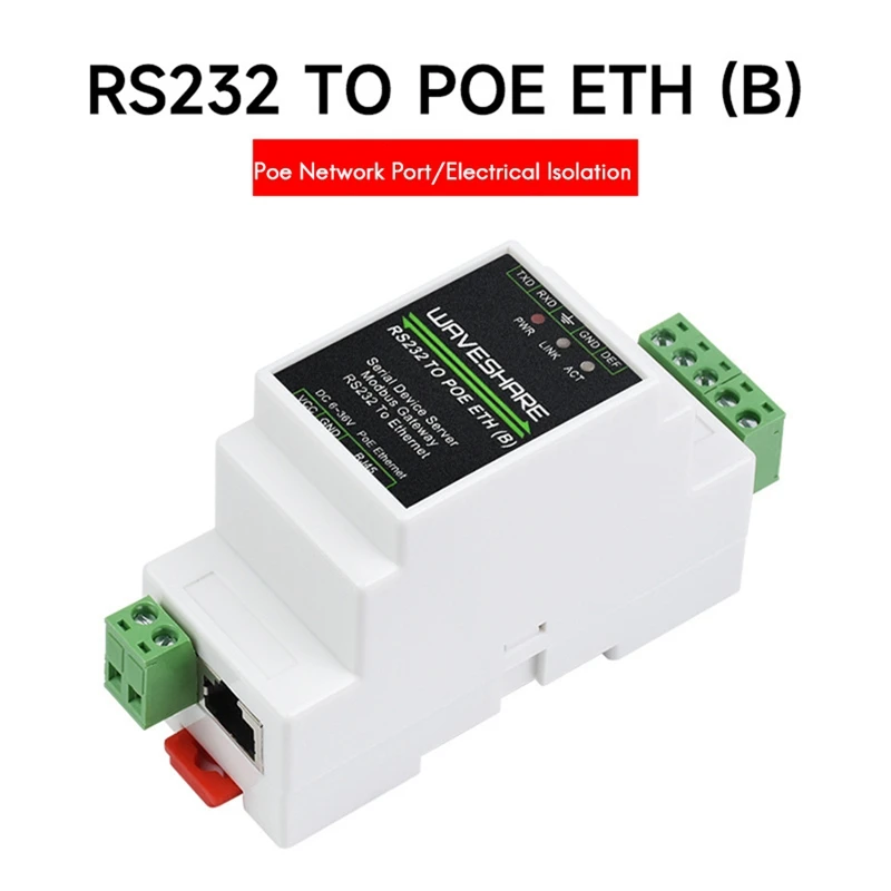 

Waveshare Industry Rail Type Serial Server RS232 To RJ45 Ethernet Module 300-115200Bps TCP/IP To Serial Module