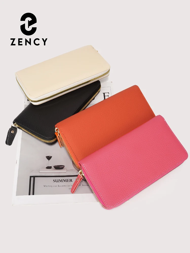 Zency Women's Wallet Cowhide Leather Clutch Multiple Card Slots Holders Bags Coin Bag Solid Long Purse size L 7.6inch for Phone