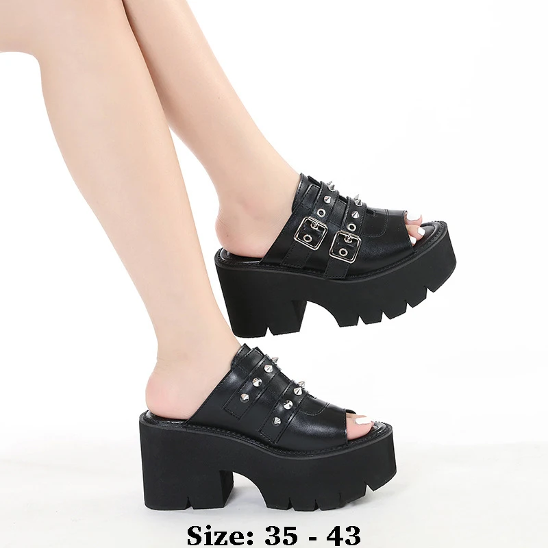 

High quality summer thick soles leather sandals for women 9cm high heel new 2025 size 35 43 platform open toe fashion shoe black