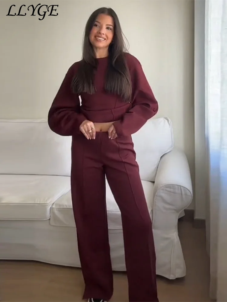 Conjunto informal de pantalones lisos para mujer, Tops plisados de manga larga con cuello redondo, pantalones de pierna ancha, traje de vacaciones de otoño 2024