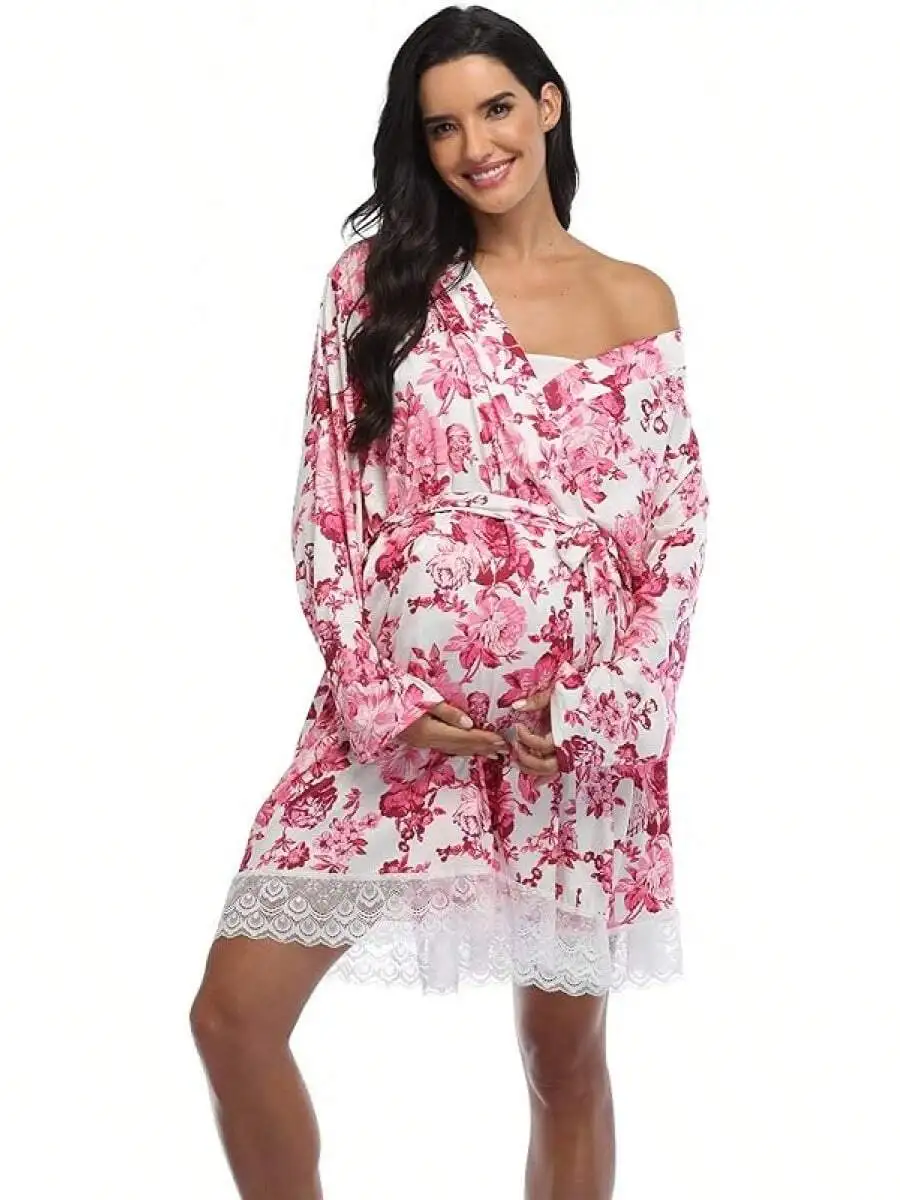 Maternity Robe For Women Hospital Labor Delivery Nursing Sleepwear Floral Lace Trim