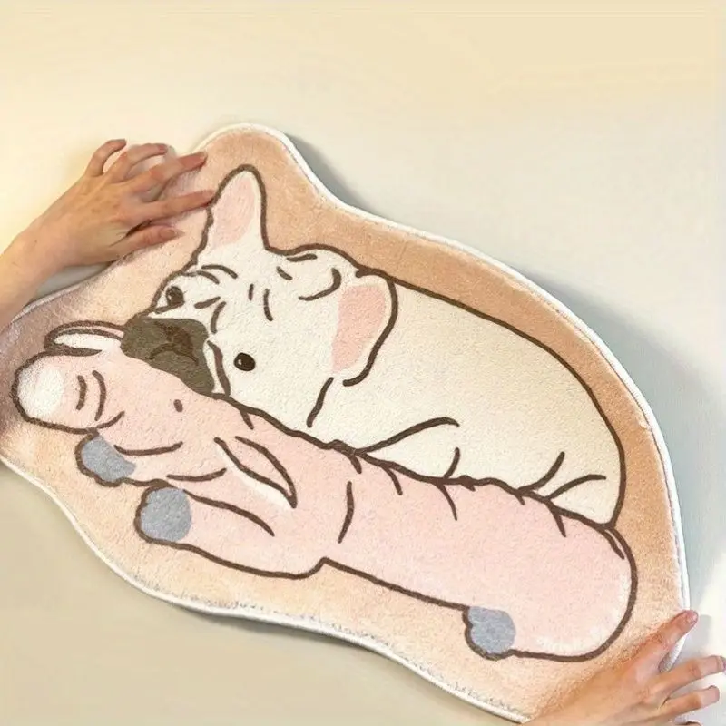 VIKAMA French Bulldog Shaped Fluffy Runner Rug Cute Puppy Hug Pig Doll Non Slip Girls Bedroom Bathroom Floor Decor Carpet